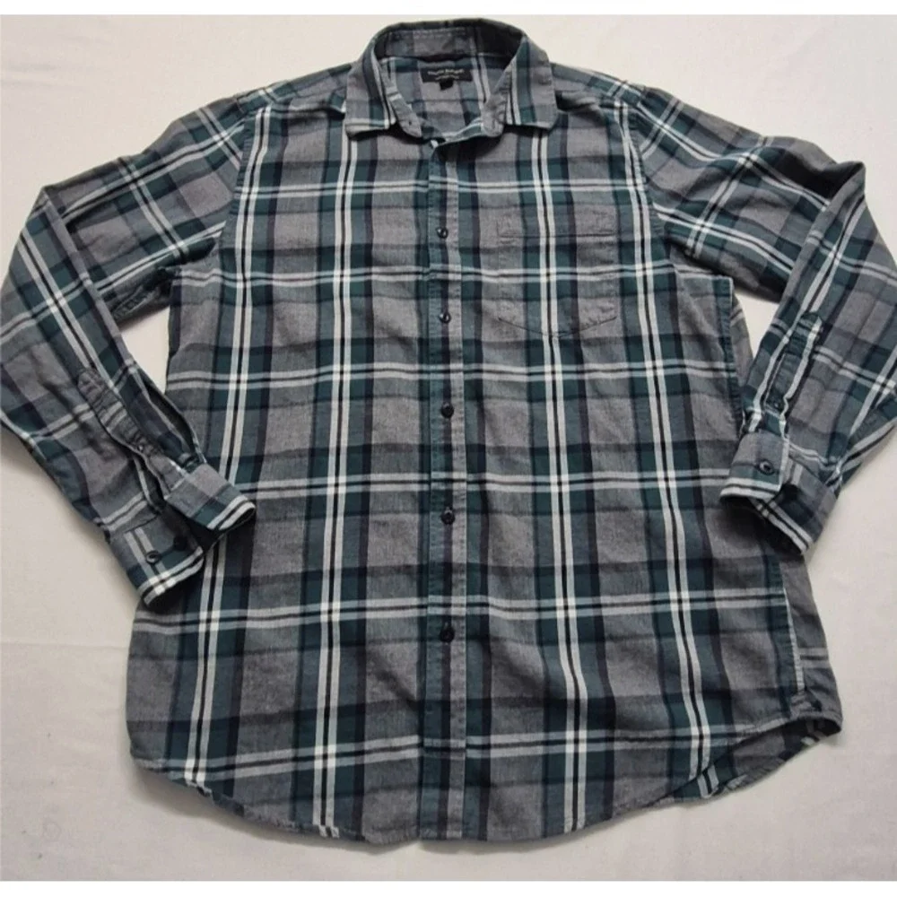 Banana Republic men's gray plaid‎ light flannel button up long sleeve shirt LG